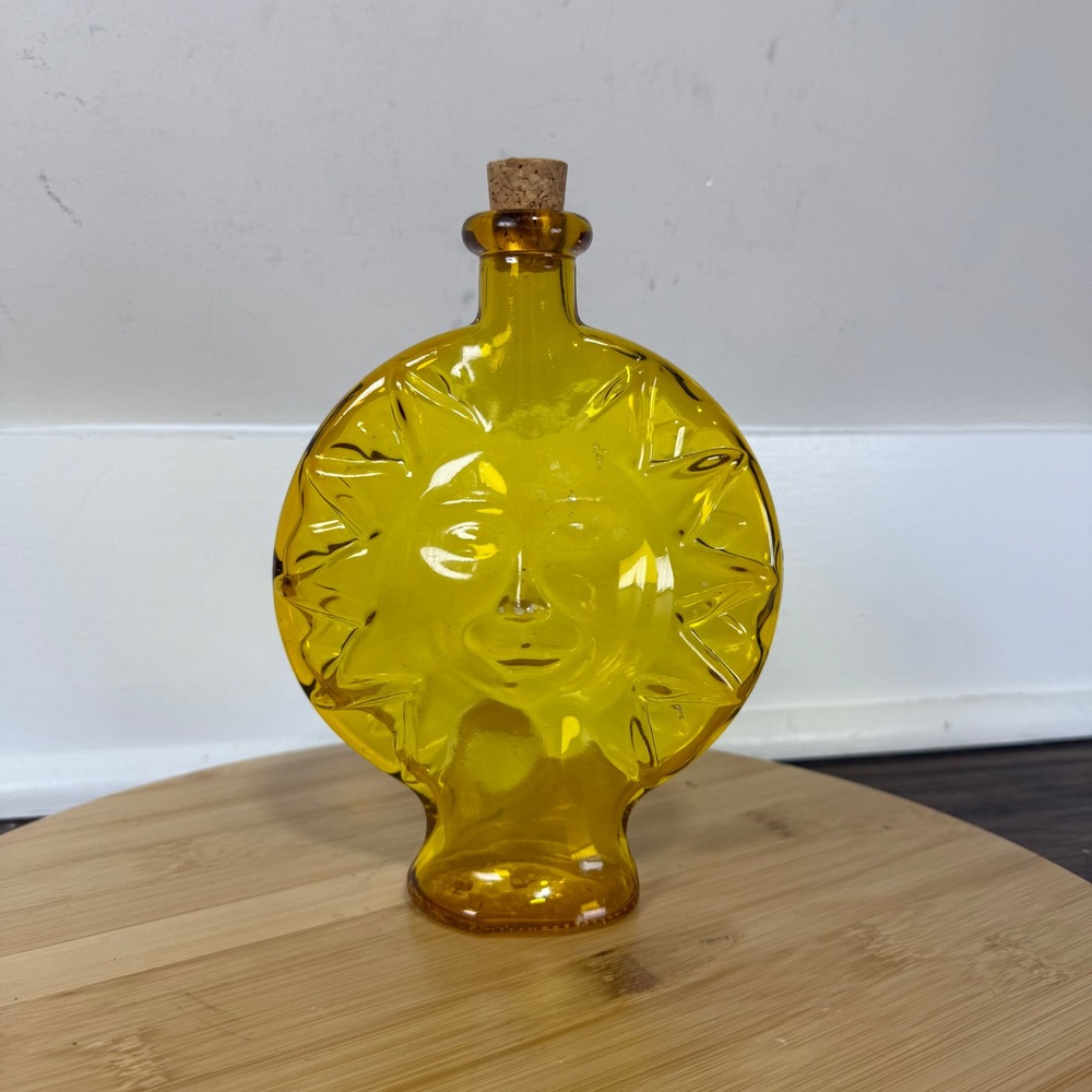 Vintage Amber Glass Sun Face Bottle Decorative Decanter Yellow Cork Celestial